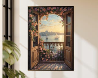 Romantische Balkon Fenster Ansicht Wand Kunst zum ausdrucken, Küsten Sonnenuntergang Blumen Meer Vintage Dekor Download