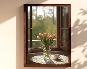 Cottagecore Tulpen Fenster Ansicht Kunstdruck, Sonnendurchflutetes Vintage Blumen Haus Dekor (Digitaler Download)