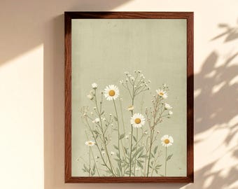 Vintage Sage Green Floral Wall Art Printable, Minimalist Daisy Botanical Cottagecore Decor Download