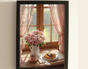Rosa Pfingstrose Wand Kunst Romantische Fenster Szene Blumendruck Gemütliches Frühstück Morgen Licht Dekor