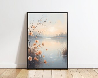 Pastell Seeufer Blumen Wand Kunst druckbare, weiche Pfirsich Blüte Landschaft ruhige Dekor Download