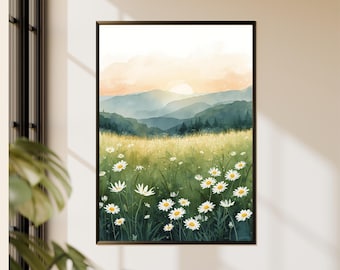 Daisy Wiese Landschaft Gemälde Berg Sonnenuntergang Feld Wildblumen Kunstwerk Natur Szene Druck