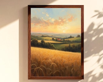 Countryside Wheat Field Wall Art Printable, Rustic Farmhouse Landscape Sunset Impressionist Decor Download