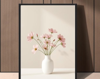 Pink Cosmos Flower Wall Art Printable, Elegant Neutral Vase Floral Print, Teacher’s Day Gift, Botanical Decor