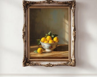 Vintage Lemon Bowl Wall Art, Citrus Still Life Painting, Farmhouse Kitchen Decor (Digital Download)