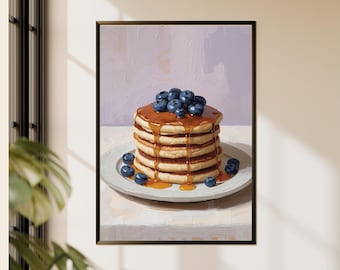 Blueberry Pancake Wall Art afdrukbare, bakkerij keuken decor dessert eten fotografie stijl digitale download