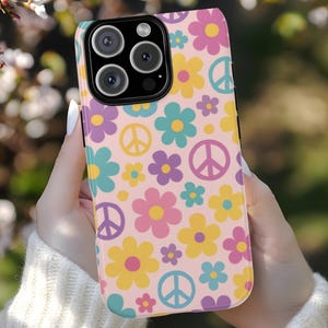 Retro Groovy Phone Case, Floral Vintage Hippie Cover for iPhone,Samsung, Pixel, Boho Chic, 60s Flowers and Peace Sign Design,