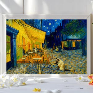Ragdoll Cat Art Print, Van Gogh Café Terrace at Night Wall Art, Ragdoll Cat Gift Cat Art Picture,Impressionist Art, Funny Cat Poster,