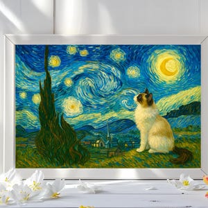 Ragdoll Katze Kunstdruck Van Gogh Sternennacht, Ragdoll Katze inspiriertes Bild, wunderliche Katze Poster, lustige Katzenkunst, Katzenliebhaber Geschenk, ohne Rahmen