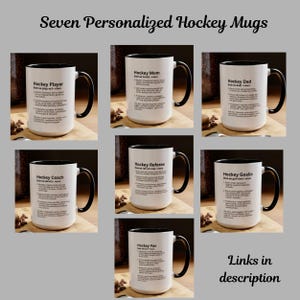 K&ouml;nnte beinhalten: Sieben personalisierte Hockey-Tassen mit schwarzen Griffen und R&auml;ndern. Jede Tasse zeigt eine andere Hockey-Rolle: Spieler, Mama, Papa, Trainer, Schiedsrichter, Torwart und Fan. Die Tassen haben Textbeschreibungen jeder Rolle.