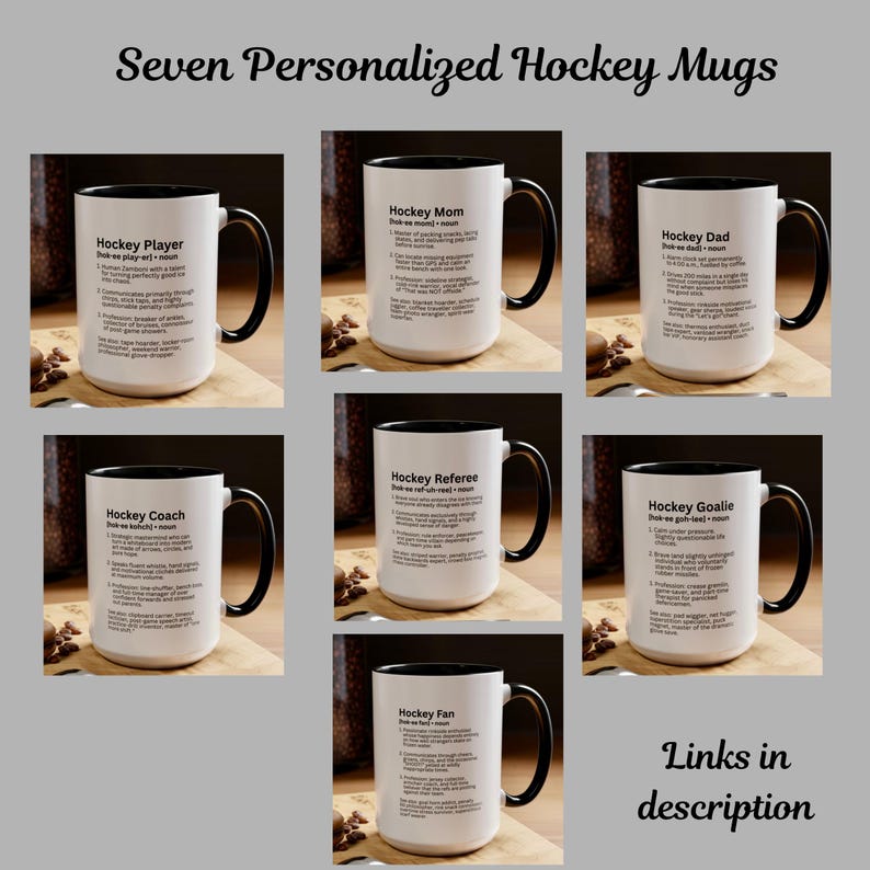 K&ouml;nnte beinhalten: Sieben personalisierte Hockey-Tassen mit schwarzen Griffen und R&auml;ndern. Jede Tasse zeigt eine andere Hockey-Rolle: Spieler, Mama, Papa, Trainer, Schiedsrichter, Torwart und Fan. Die Tassen haben Textbeschreibungen jeder Rolle.
