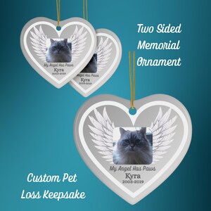 Custom Pet Loss Memorial Heart Sympathy Ornament, Cat Passing Gift,Personalized Keepsake, In Loving Memory,Rainbow Bridge, My Angel Has Paws