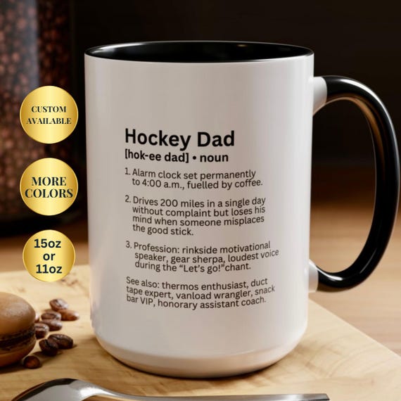 Personalized Funny Hockey Dad Definition Two Sided Ceramic Mug, Custom Hockey Dad Gift, Humorous Gift for him.