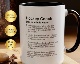 Caneca de cerâmica personalizada com definição engraçada de treinador de hóquei, dupla face. Presente personalizado para treinador de hóquei, presente divertido para ele, presente para ela.