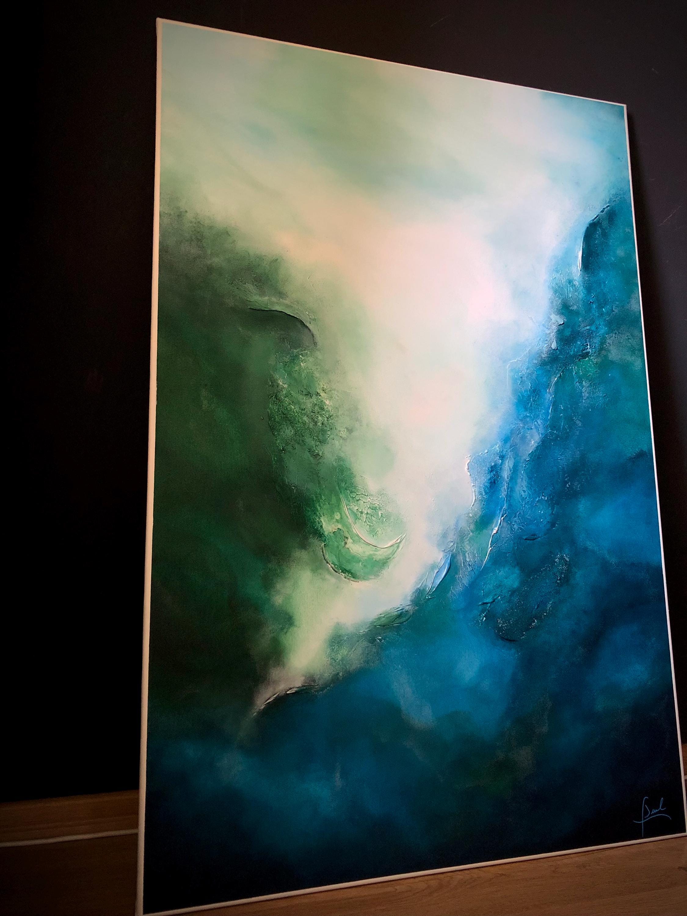 オリジナル抽象アクリル画：青緑のテクスチャキャンバスアート（80 x