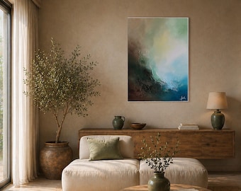 Dipinto acrilico originale con texture, opera astratta su tela nei toni del verde e del blu, decorazione murale ispirata alla natura.