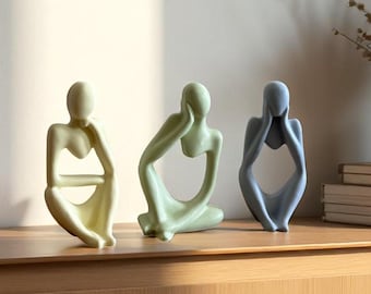Summer Vibes Thinker Statue Set in Pastel Colors, Abstract Minimalist Shelf Decor, Handmade Modern Medieval Art Sculpture for Home