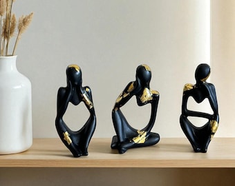 Abstract Woman Statue Set with Gold Leaf Detail, Modern Minimalist Shelf Decor, Handmade Feminine Art Sculptures for Home or Office Display