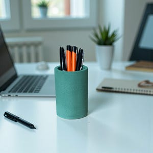 May include: A teal pen pot with a textured finish, containing black and orange pens. A black pen lies on the white desk beside a laptop and a notepad. A small potted plant is in the background.