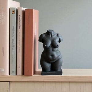 May include: A matte black sculpture of a human torso with a textured surface, depicting a full-figured form with defined curves, standing on a rectangular base. The sculpture is positioned next to a row of upright books with various colored spines.