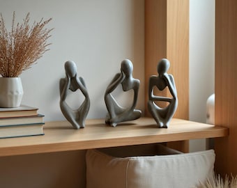 Set of 3 Concrete Abstract Thinker Statues | Minimalist Modern Shelf Decor | Office or Desk Accent Sculpture Trio