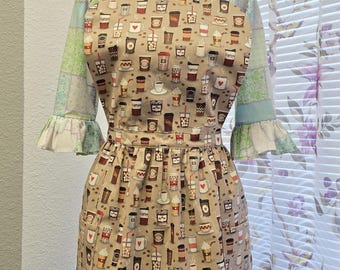 Coffee Print Cotton Apron with Pockets - Neck Tie, Waistband, One Size Fits Most