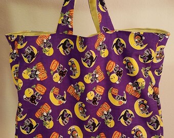 Hand Tote - purple with pumpkins and black cats