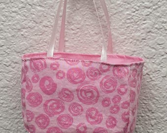 Petite Tote, pink swirl circles - Fabric Gift Bags for Party Favors & 18" Dolls
