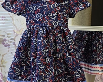 Patriotic Ribbon Print Cotton Girl's Dress - Stars and Stripes Border, 250th