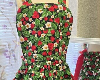 Strawberry Print Cotton Girl's Apron with Pockets - Neck Tie, Waistband, Ages 3-8