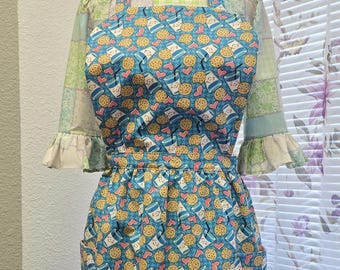 Milk & Cookies Print Cotton Apron with Pockets - Neck Tie, Waistband, One Size Fits Most