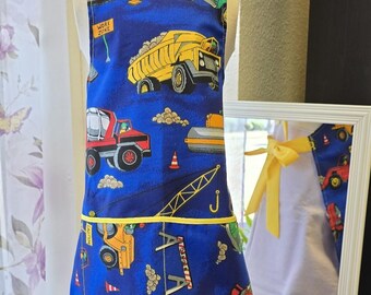 Construction Truck Cotton Kid's Apron with Pockets - Ties in Back, Ages 2-6