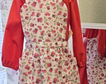 Rose & Heart Print Cotton Girl's Apron with Pockets - Neck Tie, Waistband, Ages 3-7