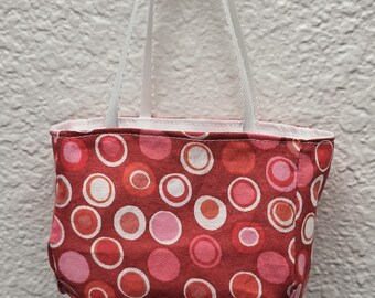 Petite Tote - red multi circles for 18-inch dolls or gift and favor bags