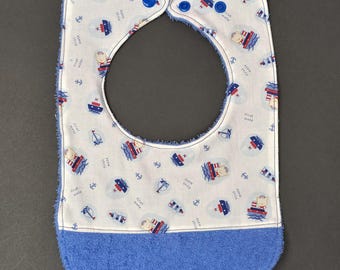 Bib - Sailboats with blue terry cloth hem and back
