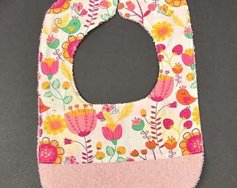 Bib - pink flowers and birds with terry cloth