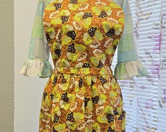 Retro Floral Cotton Apron with Pockets - Neck Tie, Waistband, One Size Fits Most