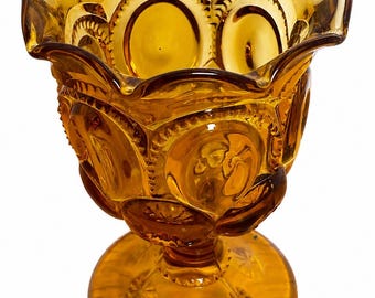 Vintage LE Smith Moons & Stars Amber Glass Footed Vase Mid Century Pedestal Compote |