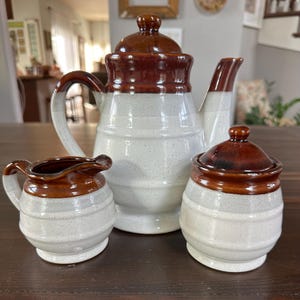 VTG Stoneware Brown Glazed Tea Set, includes teapot, sugar bowl and creamer pitcher