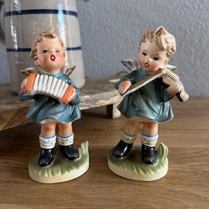 Set of 2 Vintage Napco Angel Boy Figurines Featuring Accordian and Violin
