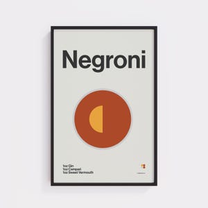 Póster de cóctel Negroni: arte mural de bar moderno de mediados de siglo, impresión de cócteles retro, envío gratuito