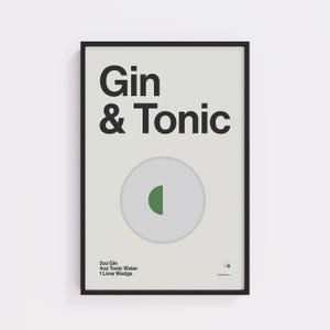 Plakat Gin and Tonic – sztuka ścienna do baru w stylu Midcentury Modern, wydruk koktajlowy w stylu retro, bezpłatna wysyłka