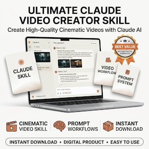 Puede incluir: Un anuncio de producto digital para Ultimate Claude Video Creator Skill. La imagen muestra un portátil con una interfaz de Claude AI, rodeado de tarjetas etiquetadas como Claude Skill, Video Workflow y Prompt System, con una insignia de Best Value.