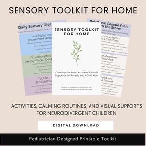 Może przedstawiać: Drukowany zestaw narzędzi sensorycznych do domu z kolorowym wzorem. Zestaw zawiera codzienną dietę sensoryczną, bodźce przedsionkowe, ćwiczenia proprioceptywne, bodźce dotykowe, plan ratunkowy w przypadku załamania i uspokajające rutyny. Tekst "Sensory Toolkit for Home" znajduje się u góry strony. Tekst "Activities, Calming Routines, and Visual Supports for Neurodivergent Children" znajduje się na dole strony. Tekst "Digital Download" znajduje się w przycisku na dole strony.