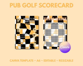 Tarjeta de puntuación de golf en pub / Golf en pub imprimible / Plantilla de Canva editable / Juegos para fiestas de cumpleaños