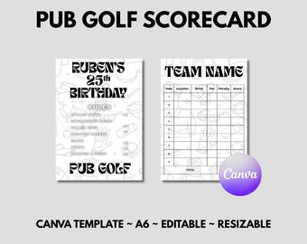 Tarjeta de puntuación de golf en pub / Golf en pub imprimible / Plantilla de Canva editable / Juegos para fiestas de cumpleaños