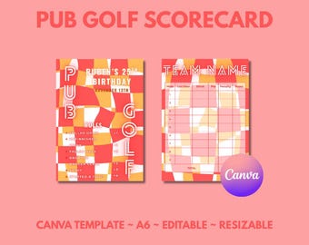 Tarjeta de puntuación de golf en pub / Golf en pub imprimible / Plantilla de Canva editable / Juegos para fiestas de cumpleaños