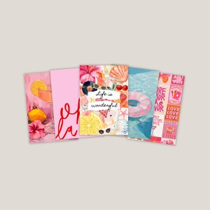 May include: A collection of five rectangular art prints with a summer theme. The prints feature illustrations of cocktails, lemons, flowers, and the text "Life is wonderful" and "Oh la la". The color palette includes pink, blue, and yellow.