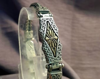 925 Sterling Silver Men’s Bracelet,Handmade Unique Design,Ethnic Pattern with Gold Details, Stylish Gift for Him,Gift for dad,Gift for son