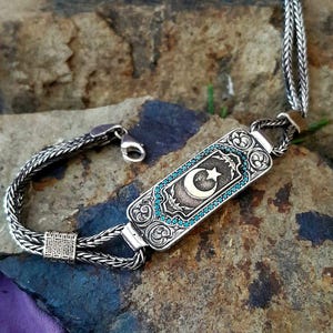 Handmade silver men’s bracelet with Moon,Star motif,Ottoman style, elegant and meaningful, A perfect gift for special occasions,Gift for dad